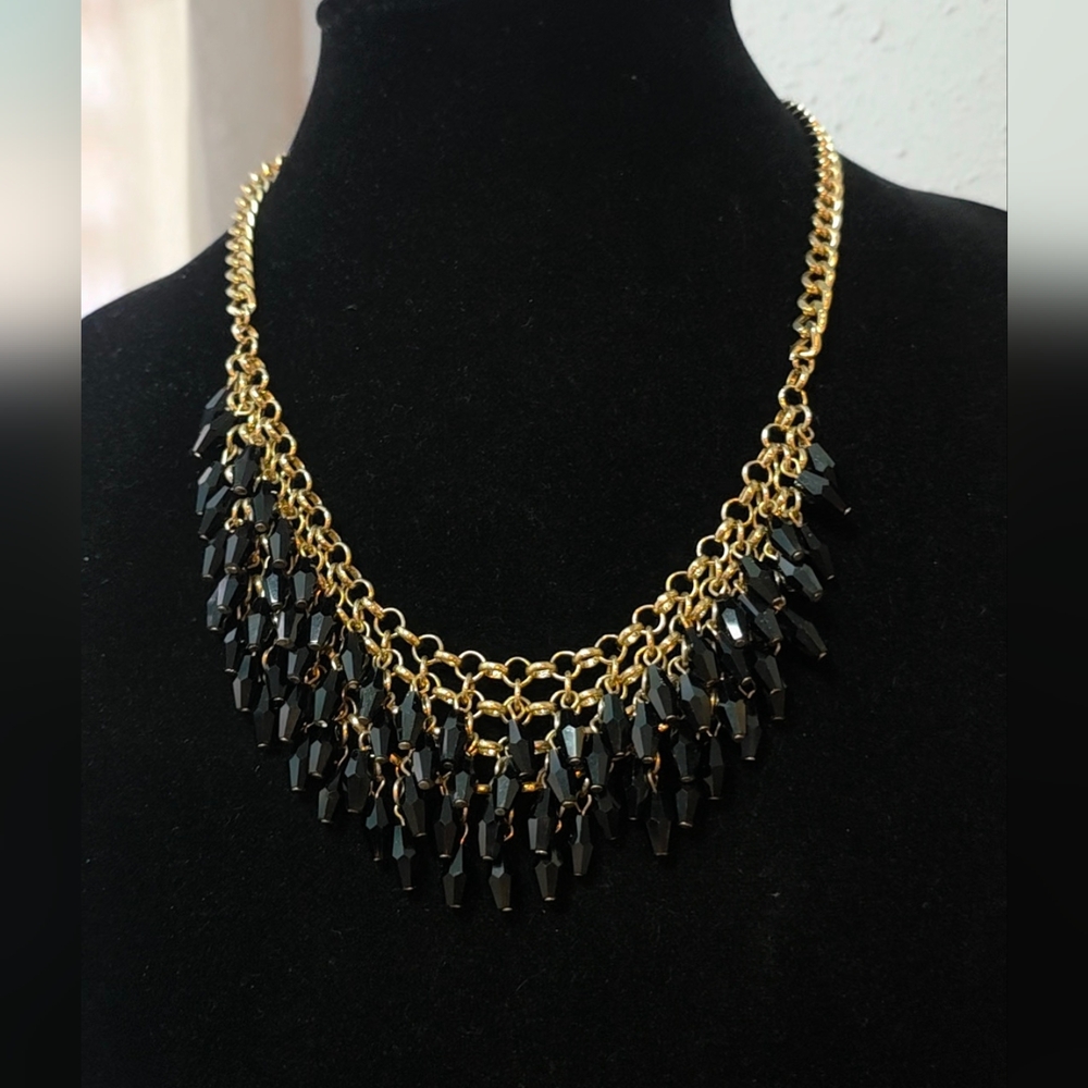 Banana Republic Vintage Signed Gold Tone & Black Bead Bib Statement Necklace